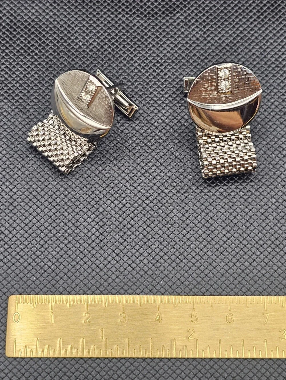 Vintage Silver Tone Cufflinks with Rhinestone Accents and Mesh Detailing